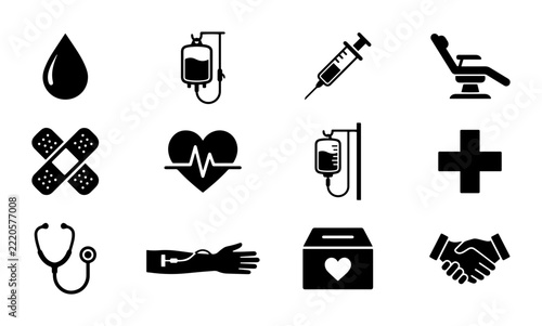 Medical Icons Set: Healthcare, Donation, and First Aid Vector Graphics
