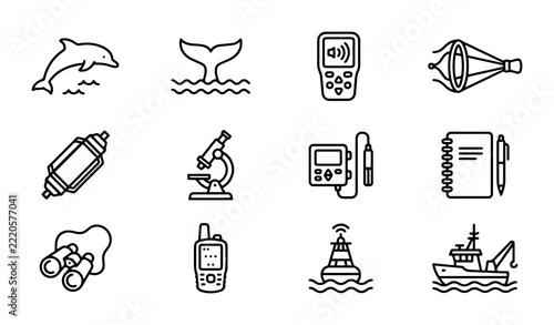 Marine Biology Icons: Dolphin, Whale Tail, Microscope, Binoculars, Research Vessel