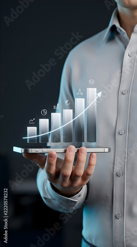 Businessman holding a modern smartphone displaying a glowing 3D bar graph with an upward growth arrow and financial analytics icons