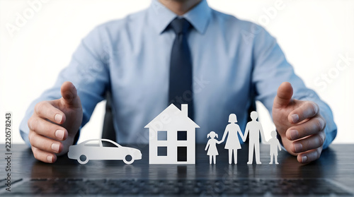 Businessman cupping hands around white paper cutouts of a family, house, and sedan car on a dark wooden desk for life insurance and asset protection concept