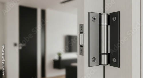 Close up of a brushed nickel door hinge and latch on a white wooden door frame modern interior background