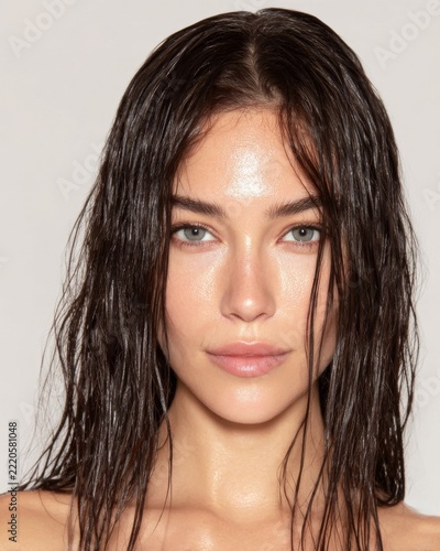 Close-up portrait with wet dark hair and bare shoulders
