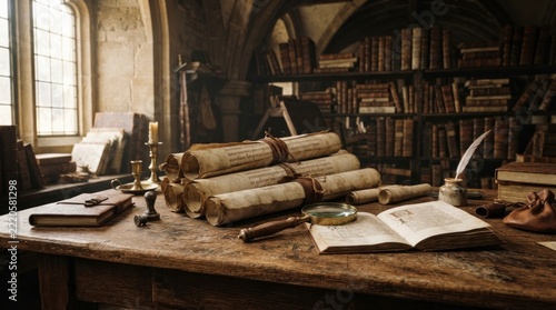 Ancient Library Study Table with Scrolls and Old Books.