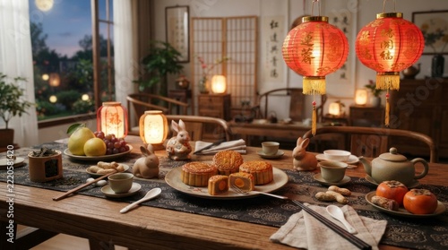 Traditional Mid Autumn Festival Dinner Table Setting.