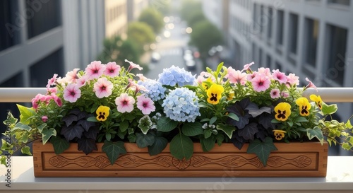 Colorful Balcony Flower Box with City View Spring Blooms and Urban Scenery