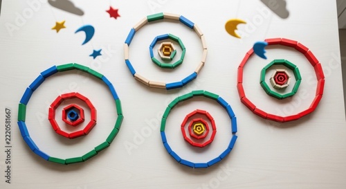 Colorful Building Blocks Circles and Stars on White Background