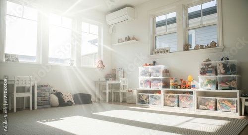 Bright Sunny Childrens Playroom with Toys Storage Bins and Furniture