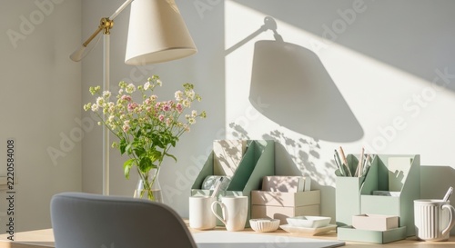 Bright Workspace with Pastel Desk Accessories and Flowers in Sunlight