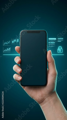 Hand holding a modern smartphone displaying a blank screen with glowing digital financial analytics graphs and security padlock icons in a teal studio background