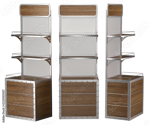 Industrial style retail display rack with metal frame, wood base, mesh back panel, and promotional topper or brand logo. 3d illustration set transparent background