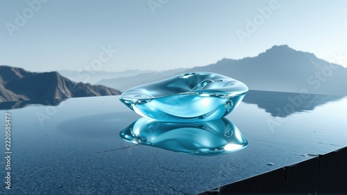 Glass sculpture rests surface, reflecting distant mountains. Cool blue tones dominate composition, creating serene mood. Minimalist aesthetic.