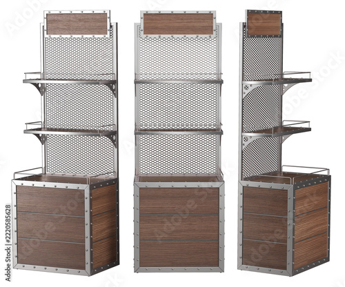 Industrial style retail display rack with metal frame, wood base, mesh back panel, and promotional topper or brand logo. 3d illustration set transparent background