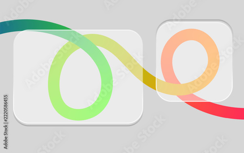 Abstract colorful light trails looping around white rectangular shapes on a light gray background creating a dynamic and modern design