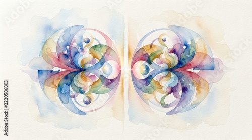 Balance represented by symmetrical translucent watercolor forms, pure watercolor 