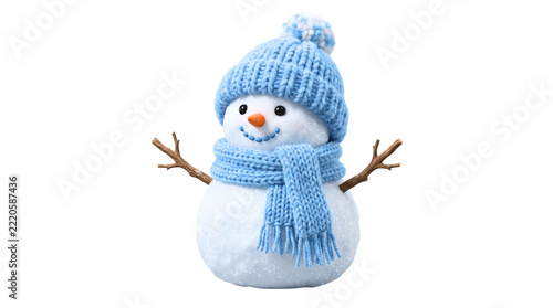 Adorable winter snowman with blue knit accessories, festive holiday snow figure on white, seasonal character with carrot nose and stick arms