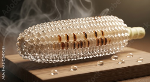 Artistic glass crystal corn cob on wooden platter.