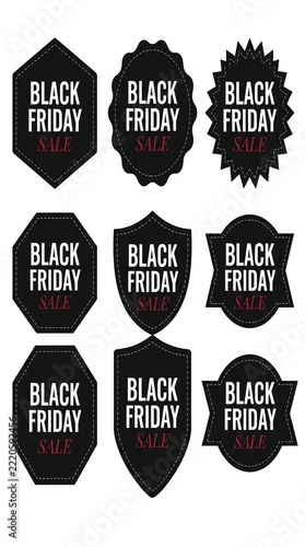 A collection of nine various black-themed geometric Black Friday sale badges and labels, each featuring unique shapes, elegant white typography, and distinct border designs on a white background.