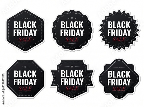 A collection of six distinct black and white decorative Black Friday sale badges and labels with various geometric and scalloped border shapes isolated on a plain white background.