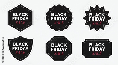 A collection of six distinct black and white Black Friday Sale sticker emblems in various geometric shapes, including shield, starburst, and hexagonal designs, set against a plain light background.