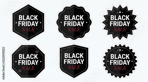 A set of six decorative black Friday sale badges and labels with various geometric shapes, vintage styles, and typography isolated on a light background for promotional marketing.