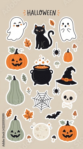 A cute digital sticker sheet featuring various Halloween icons like ghosts, a black cat, pumpkins, a witch hat, a skull, a cauldron, a spider web, a bat, and autumn leaves on a neutral background.