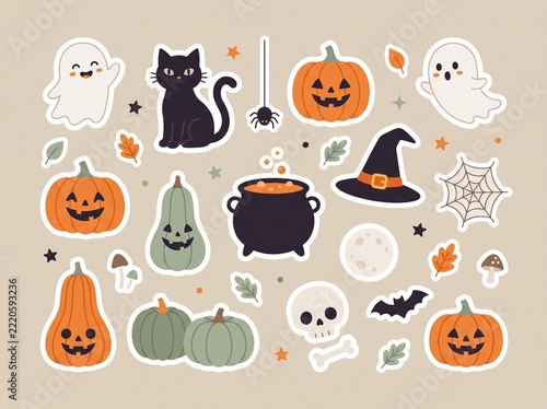 A collection of cute Halloween-themed stickers featuring pumpkins, ghosts, a black cat, a cauldron, a witch's hat, a spider, a bat, a skull, and autumn leaves, arranged on a beige background.