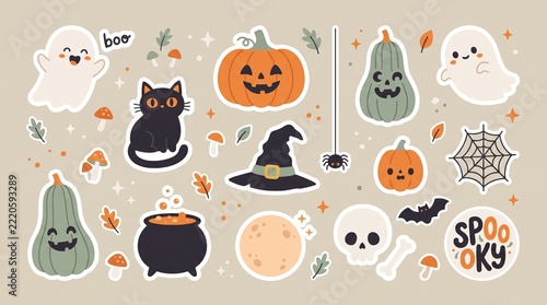 A collection of cute Halloween-themed stickers featuring a ghost, black cat, jack-o'-lantern, witch hat, spider, web, cauldron, moon, skull, and spooky text on a neutral background.