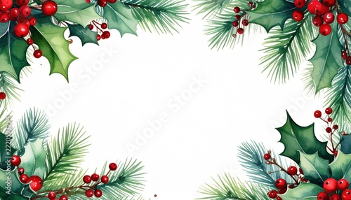 Christmas postcard frame with watercolor pine branches and holly