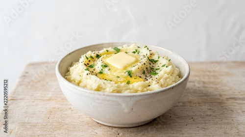 A steaming ceramic bowl of creamy, homemade mashed potatoes, topped with a generous melting butter pat, fresh parsley flakes, and cracked black pepper, cooking, homemade, white bowl