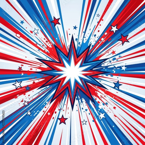 A vibrant patriotic comic style starburst background featuring red white and blue colors with dynamic flying stars and paint splashes, texture, splatter, vector