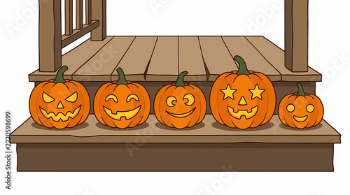 Five carved jack-o-lanterns with different glowing faces lined up on wooden porch step, Halloween outline illustration for home decor, party and seasonal designs