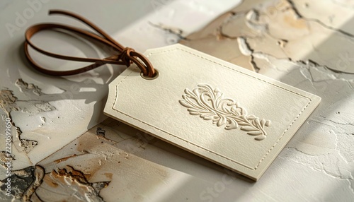 Elegant embossed cream paper tag with leather cord