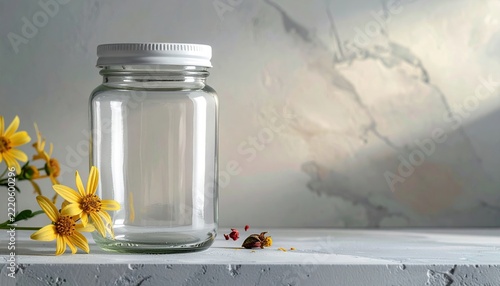 Empty clear glass jar with white lid