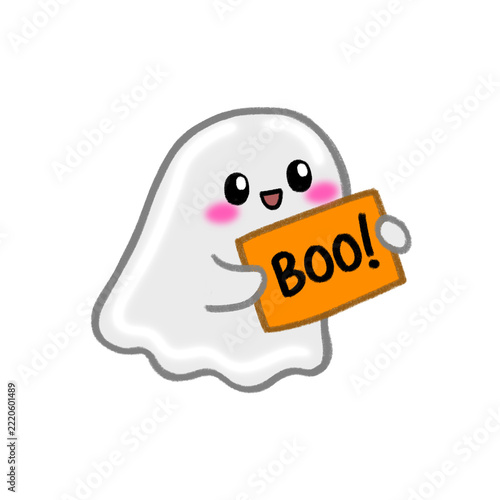 Obraz na plátně Cute Halloween Ghost Holding an Orange Boo Sign Cartoon Illustration