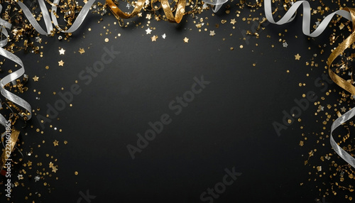 Gold and silver confetti and party streamers on black background, festive top view frame with copy space