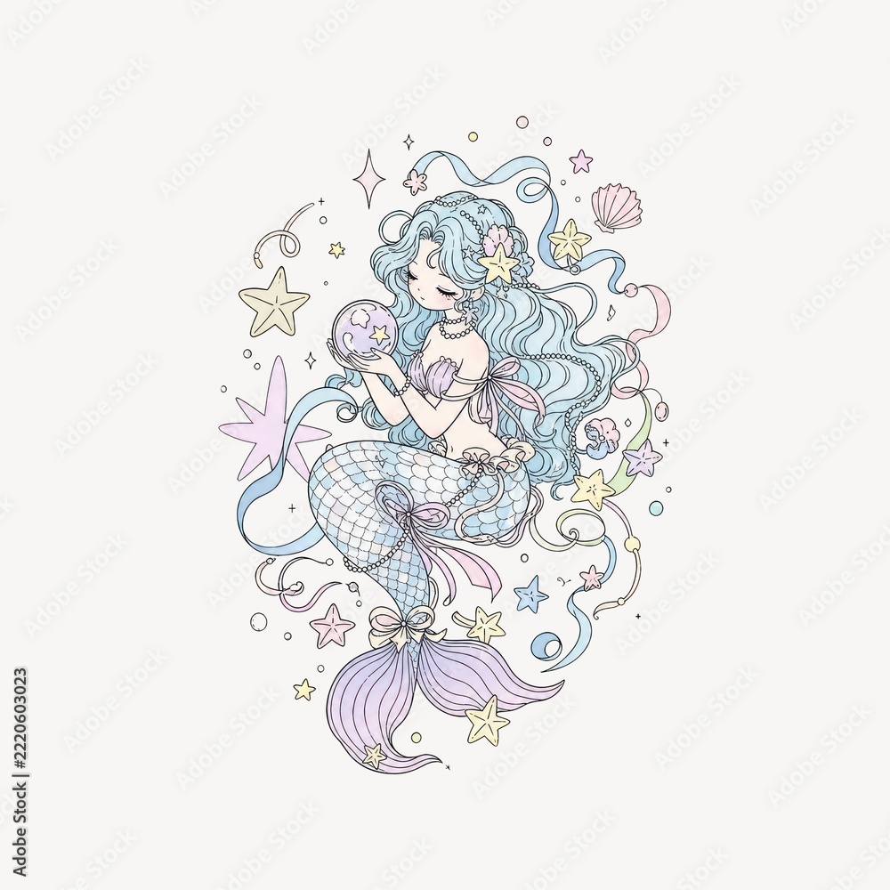 Fototapeta premium Cute mermaid girl illustration, fantasy mermaid girl with long blue hair