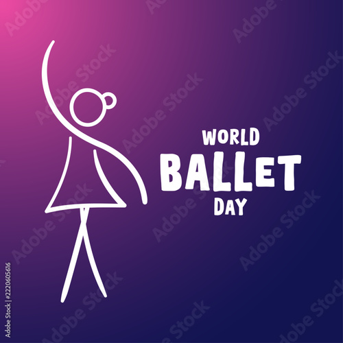 World Ballet Day celebration vector illustration with stick figure ballerina line art on gradient background.