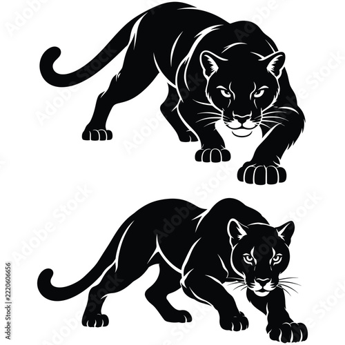 Black Panther Prowling Vector Illustration Set Featuring Wild Cougar Jaguar Mascot Silhouette Design for Team Logos and Tattoos