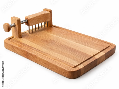 Wooden Adaptive Cutting Board with Integrated Food Holder and Metal Spikes Isolated on White Background