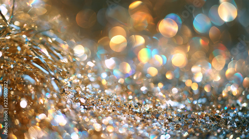 Holographic Gold and Silver Glitter Tinsel Background with Festive Bokeh Lights