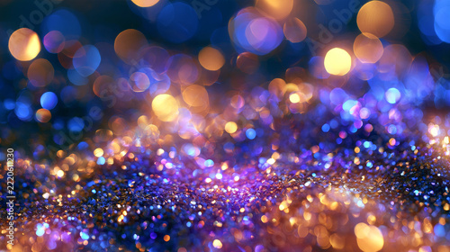 Abstract Blue Purple and Gold Glitter Bokeh Background with Sparkling Light Overlay