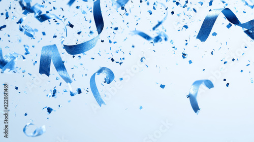 Shiny Blue Falling Confetti and Ribbon Celebration Party Background Element