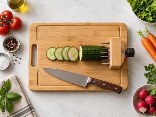 Top View of Adaptive Wooden Cutting Board with Food Holder, Sliced Cucumber and Fresh Vegetables on Kitchen Countertop