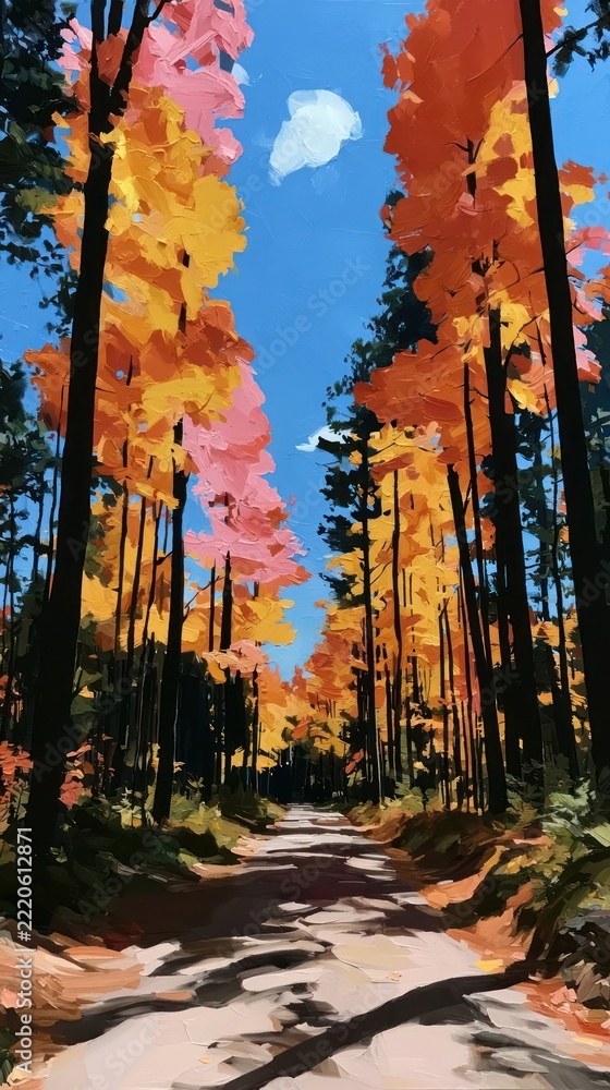 Fototapeta premium Vibrant autumn forest path under clear blue sky.