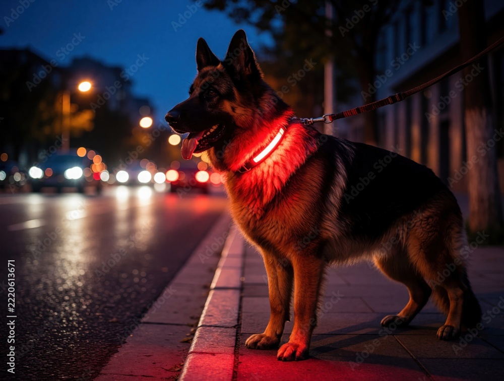 Fototapeta premium German shepherd dog wears glowing LED collar on urban street at night. Pet with red light stands on sidewalk near dark road with city traffic bokeh. Loyal canine companion walks safely during evening
