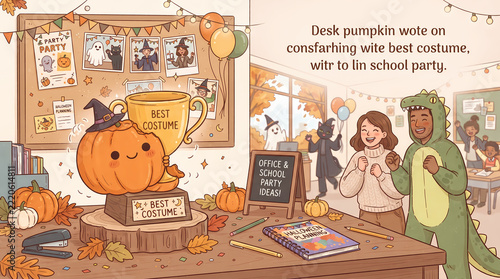Cute pumpkin with witch hat hugging Best Costume trophy at office and school Halloween party, bulletin board, balloons and colleagues in costumes illustration