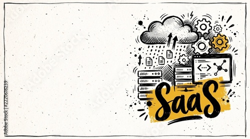 SaaS cloud computing hand drawn doodle illustration, software as a service technology banner background, copy space