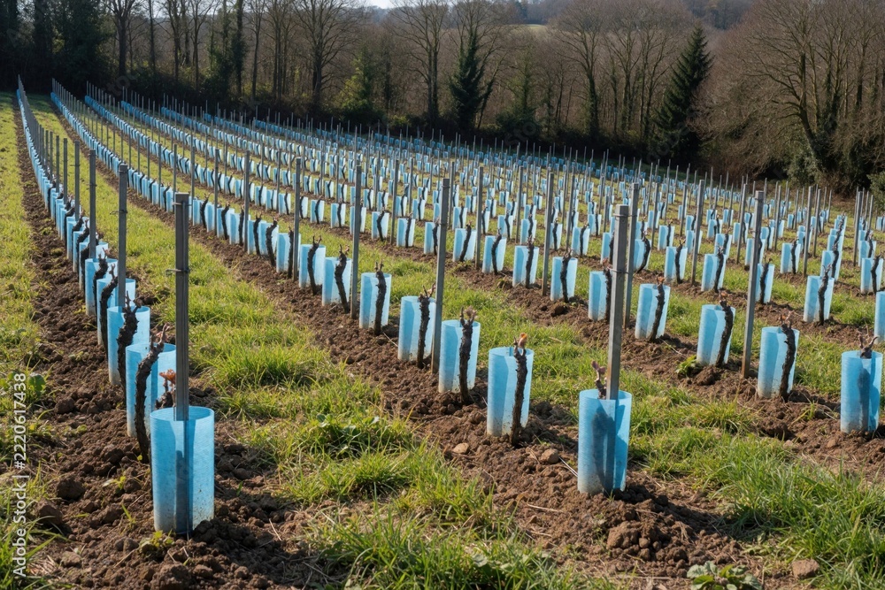 Fototapeta premium Young grape vines grow in rows of vineyard plantation. New plants protected by blue plastic tubes in soil. Sustainable agriculture field with irrigation setup for crop development. Rural farm