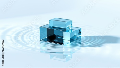Blue crystal structure floats above reflective surface. Ripples emanate from object, creating dynamic visual effect. Minimalist composition.