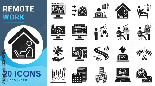 Remote work icon set solid black style for working from home, freelancing, online business and digital collaboration